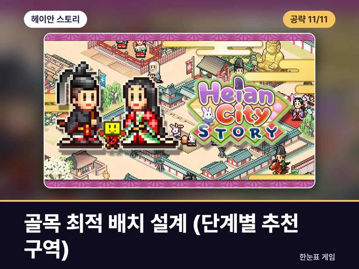 헤이안 스토리 공략 11. 골목 최적 배치 설계 (단계별 추천 구역) 표지